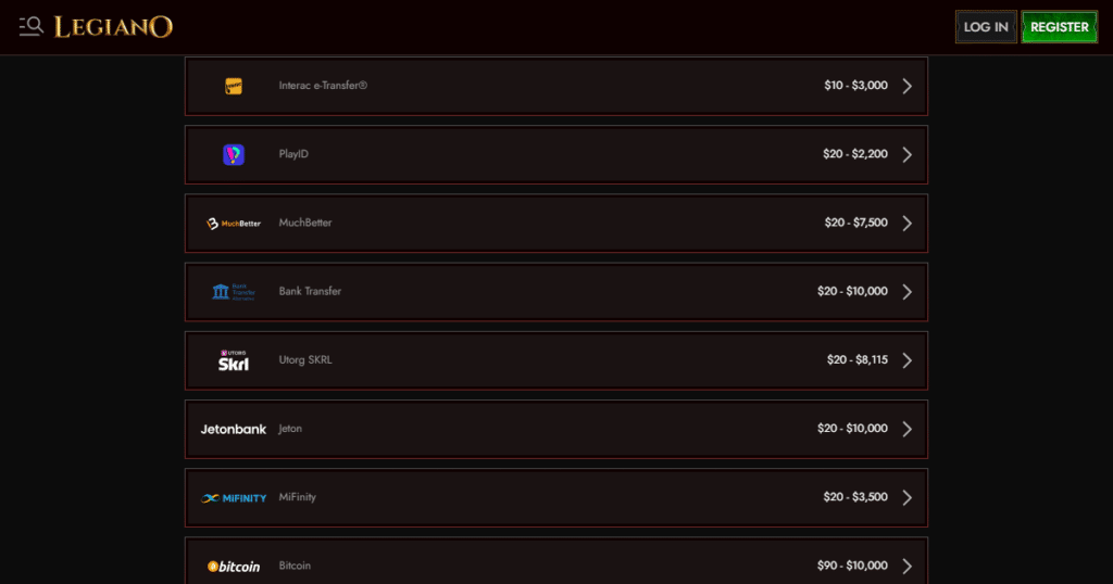 legiano casino payments