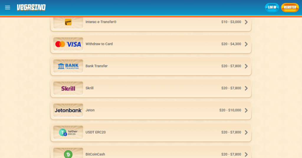vegasino casino payments